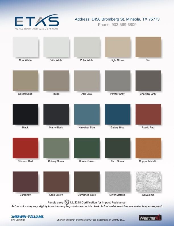 ETAS metal roof and wall systems color chart showing available metal building colors