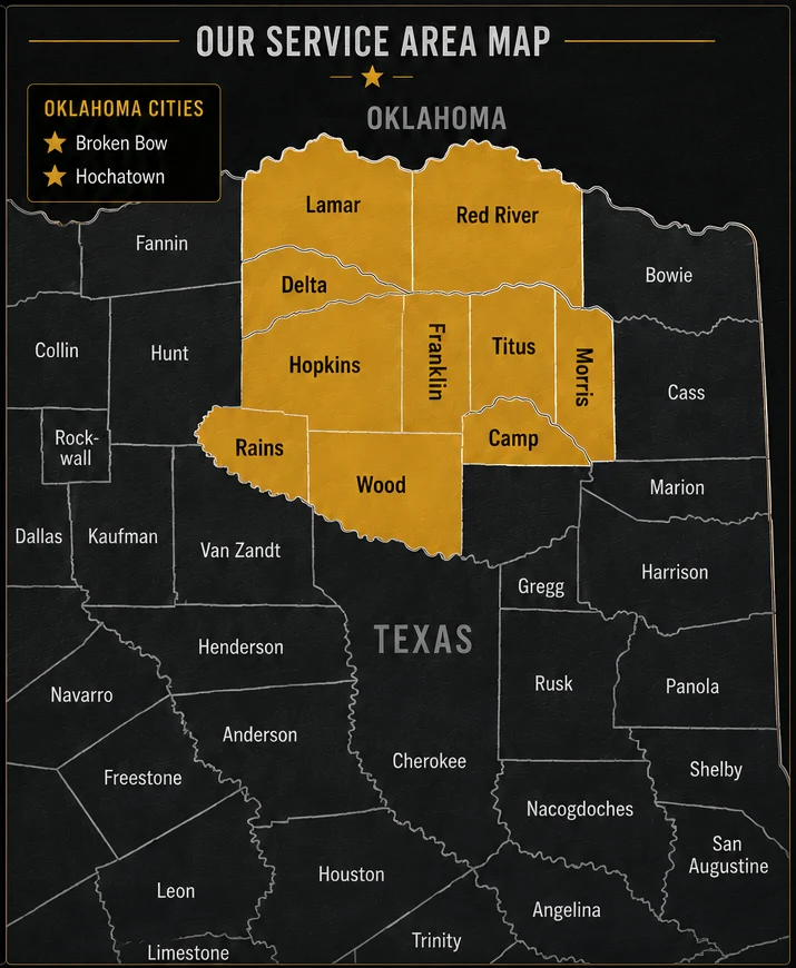 Black Sky Metal Buildings service area map highlighting Franklin, Wood, Hopkins, Camp, Red River, Delta, Lamar, Titus, Morris and Rains counties in Texas, plus Broken Bow and Hochatown, Oklahoma